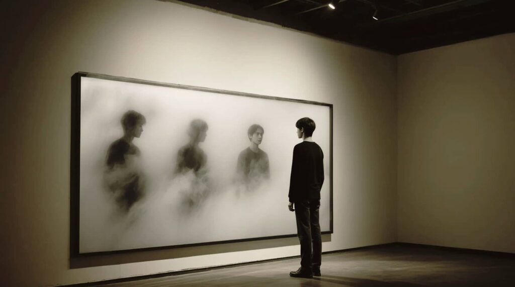 Person står framför en spegel med suddiga spegelbilder – symbol för hur gränser och identitet hänger ihop.